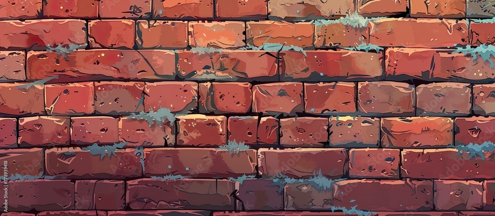 A detailed shot of a vibrant red brick wall adorned with lush green moss, showcasing the natural beauty of this classic building material A detailed shot of a vibrant red brick wall adorned with lush green moss, showcasing the natural beauty of this classic building material
