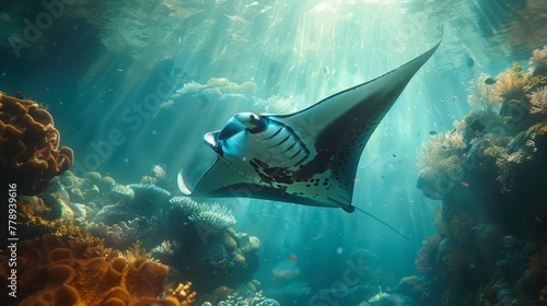 Giant manta ray gliding over sunlit coral reef, light reflecting on its skin in photorealistic image