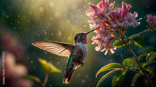 A collibri drinks nectar from flowers photo