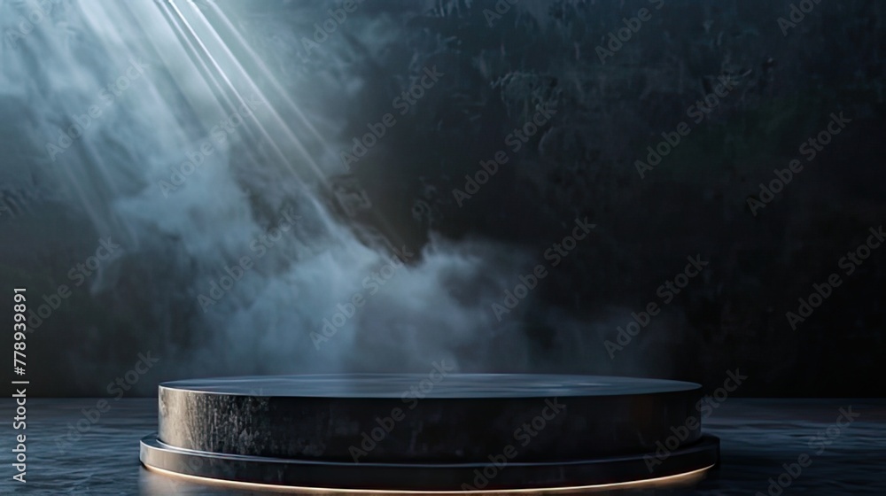 Illuminating Round Black Podium with Smoky Ambiance A Versatile Mockup for Montage and Product Showcases on a Dark Background
