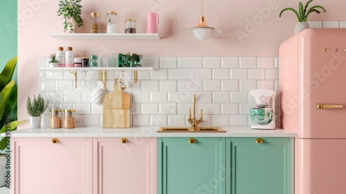 modern kitchen with pink and green cabinets, pastel colors, white countertop, golden hardware, white tiles on the wall, pastel background © CgDesign4U