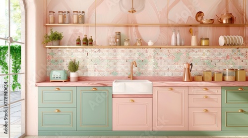 modern kitchen with pink and green cabinets, gold accents, light wood floors, pastel wall tiles with a white pattern, pink marble countertop, a copper liquid soap collection © CgDesign4U