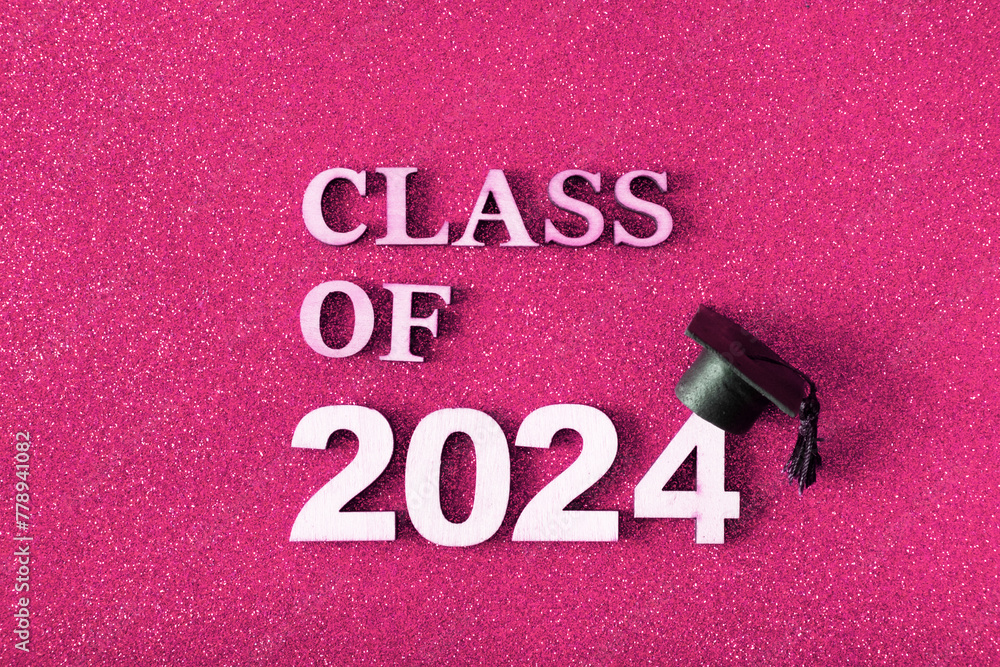 Class of 2024 text with graduated cap. Graduation holiday concept. - obrazy, fototapety, plakaty 