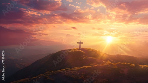 Majestic cross atop hill, silhouetted against golden sunset backdrop