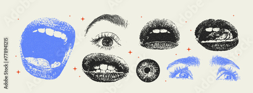 Grunge grain eyes and mouths with a xerox or photocopy effect in a pop art style. Dotted elements with halftone stipple effect for gothic collage design. Vector illustration.