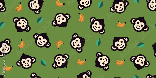Seamless pattern of monkey and banana.Background material.Vector.猿とバナナのパターン　背景素材