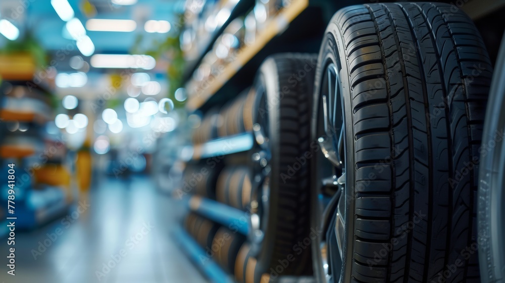 Car Tires on Display in Tire Shop, Automotive Selection, Blurred Background Car Tires on Display in Tire Shop, Automotive Selection, Blurred Background
