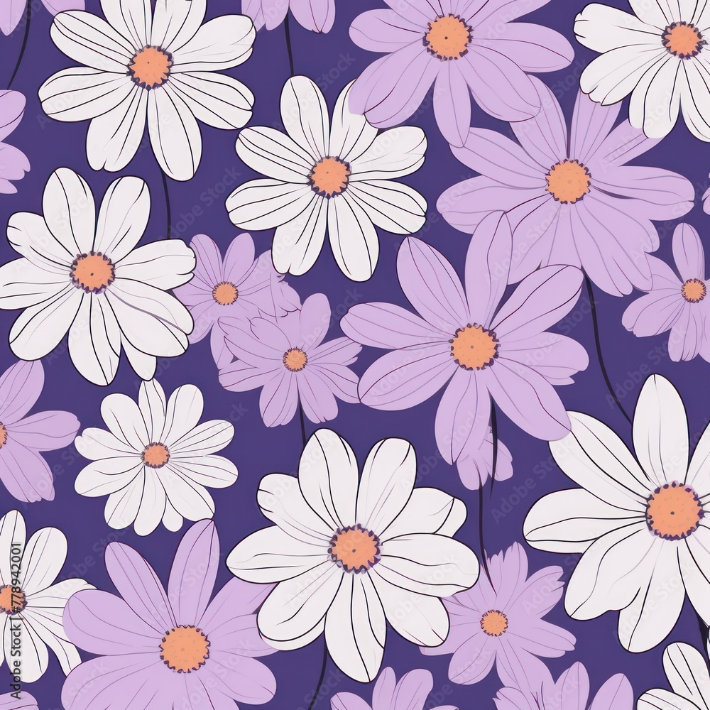 Lavender and white daisy pattern, hand draw, simple line, flower floral spring summer background design with copy space for text or photo backdrop