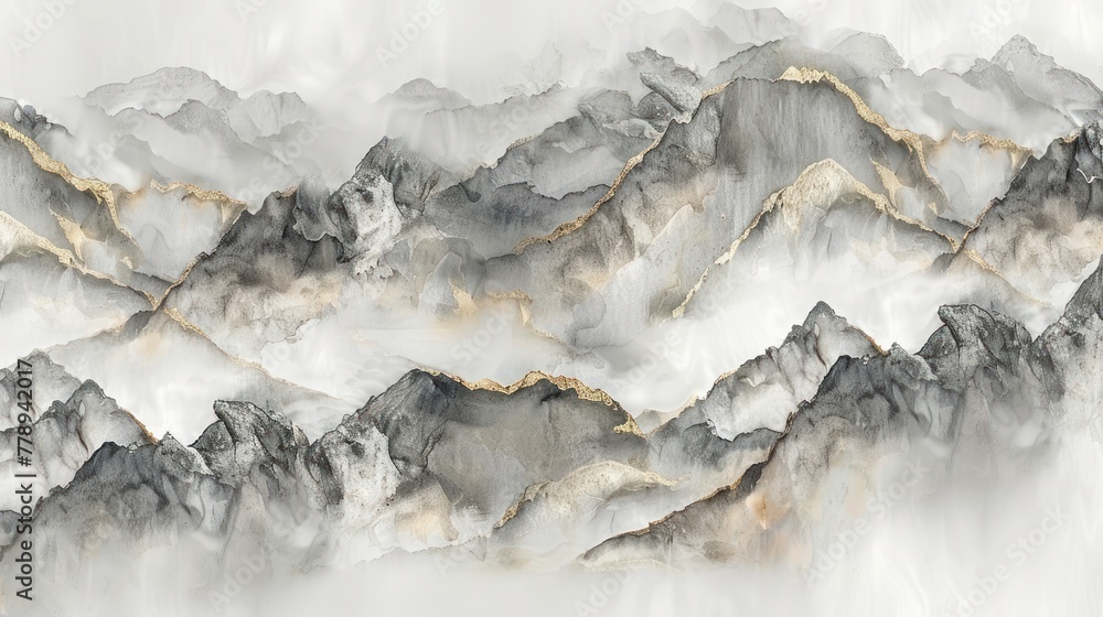 A detailed painting of a vast mountain range under a cloudy sky