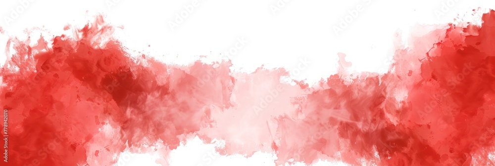Red and white abstract painting featuring bold, dynamic shapes on a clean white background