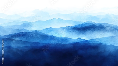 A painting depicting a range of blue-colored mountains under a clear sky © Tetiana