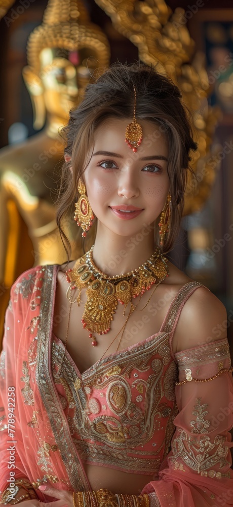 A beautiful Thai woman gracefully dons a traditional outfit showcasing the countrys rich cultural heritage, Generated by AI