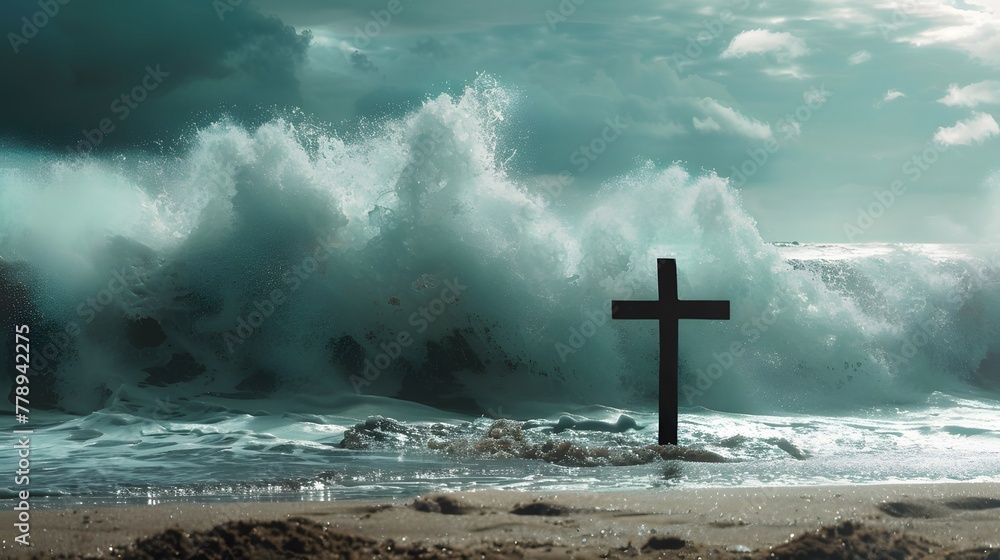 Cross standing solemnly on serene beach, against majestic crashing waves