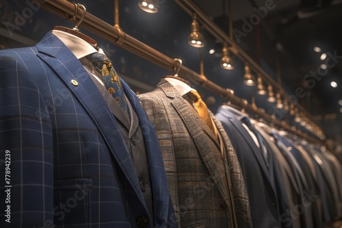 A row of stylish men's suits in various colors and styles, including blue jackets with gold tie accents photo