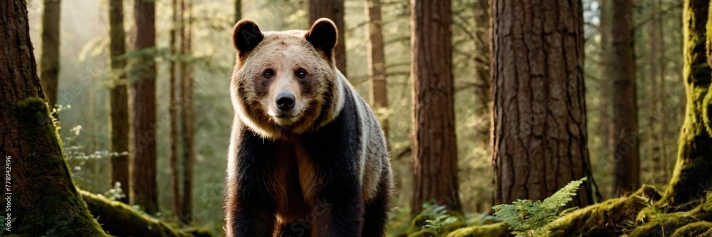 Fototapeta premium Brown bear in the woods, big wild animal in the lush green forest. walking and sitting in the jungle. made with generative AI technology. 