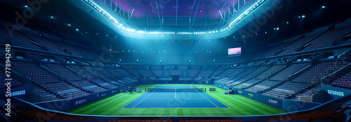 Professional tennis cort, stadion, arena. An aerial view. 3d scene. Sport lifestyle background. Copy space. Top view. Mockup or banner for sports competitions. Generative ai