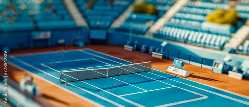 Professional tennis cort, stadion, arena. An aerial view.  3d scene. Sport lifestyle background. Copy space. Top view. Mockup or banner for sports competitions. Generative ai © Inai