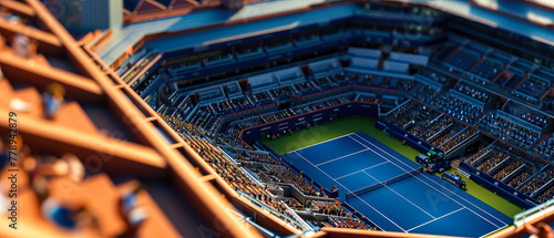 Professional tennis cort, stadion, arena. An aerial view.  3d scene. Sport lifestyle background. Copy space. Top view. Mockup or banner for sports competitions. Generative ai photo