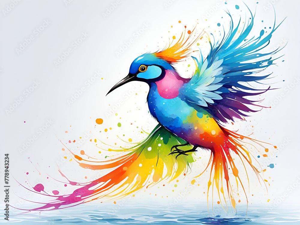 Obraz premium A bird composed of colored particles and lines, bird of paradise posing in various postures in colorful water, and an abstract painting composed of colored line backgrounds