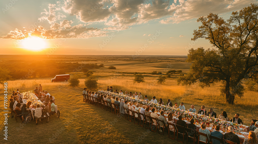 Obraz premium Golden Hour Outdoor Wedding Reception with Picturesque Landscape
