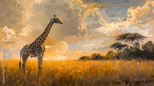 Giraffe in the Wild - Serene Savanna Scene - African Wildlife - Golden Grasslands 