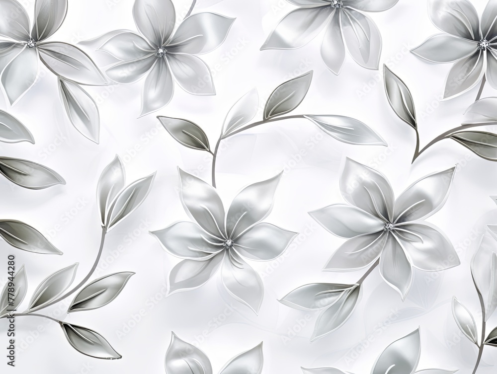 Silver flower petals and leaves on white background seamless watercolor pattern spring floral 