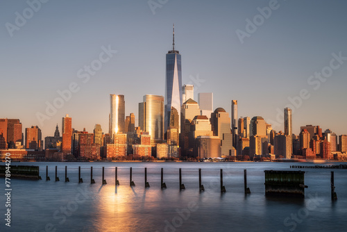 Cityscape view of Lower Manhattan Skyline at Twilight, clean sky,  New York City, USA
