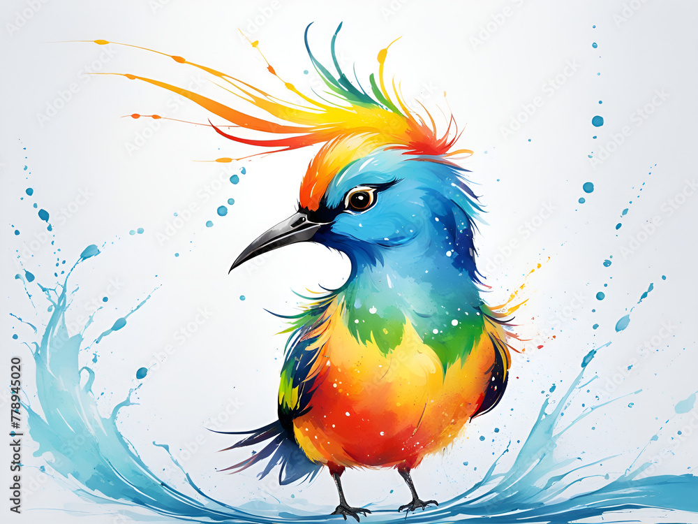 Obraz premium A bird composed of colored particles and lines, bird of paradise posing in various postures in colorful water, and an abstract painting composed of colored line backgrounds