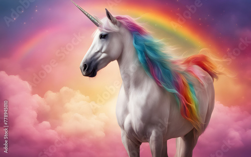 Portrait of unicorn on rainbow sky background with copy space © julien.habis