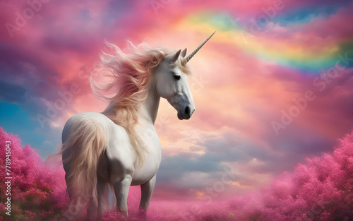 Portrait of unicorn on rainbow sky background with copy space