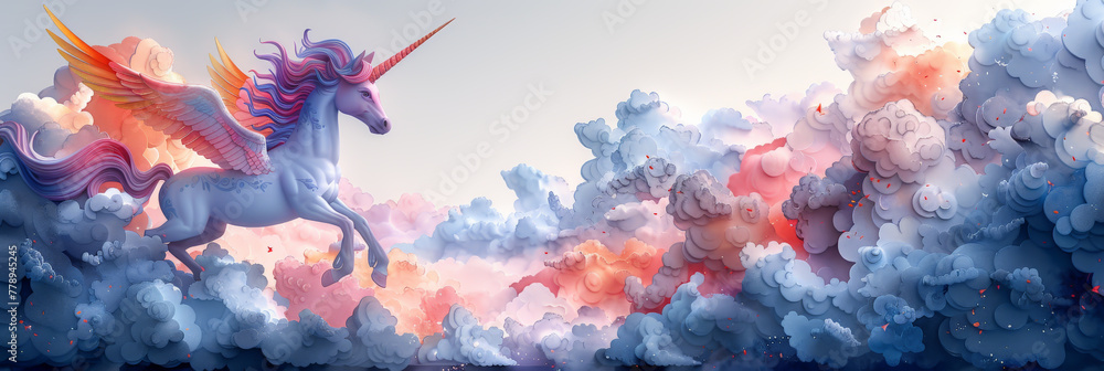 Pegasus soaring above clouds, watercolor clipart, isolated on white, skybound majesty