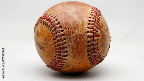 Baseball is sitting on a white background. The baseball is old and worn, with a red stitching