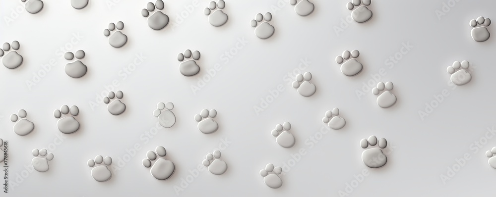Silver paw prints on a background, minimalist backdrop pattern with copy space for design or photo, animal pet cute surface 