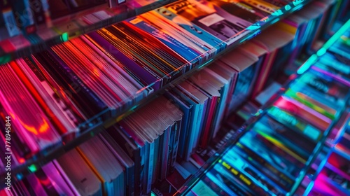stack of magazines in neon light photo