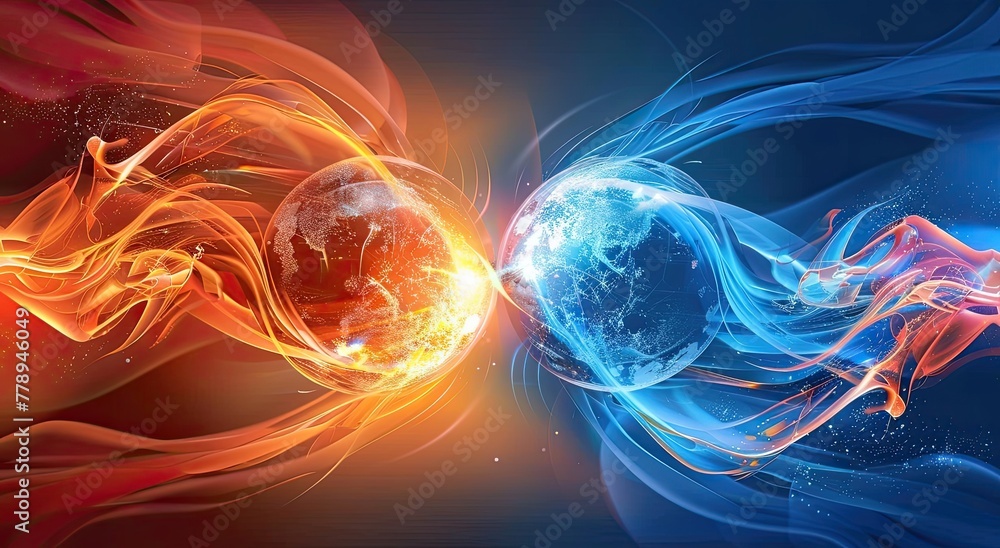 Interacting Energy Orbs - Blue and Orange Magnetic Forces - Dynamic Abstract Illustration - Physics and Art Fusion