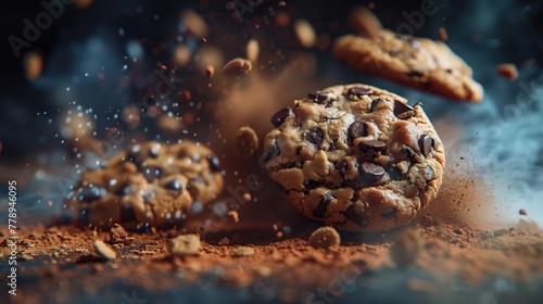 Explosion de cookies au chocolat en gros plan photo