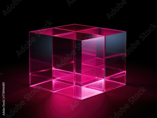 Magenta glass cube abstract 3d render, on black background with copy space minimalism design for text or photo backdrop 