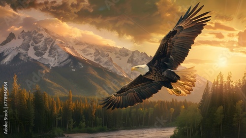 Majestic Bald Eagle in Flight - Mountain Wilderness - Sunset Freedom © Ziyan