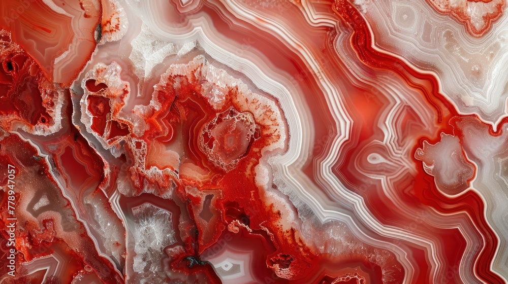 Red and white agate surface with swirling patterns, showcasing the beauty of natural stone in a closeup view Red and white agate surface with swirling patterns, showcasing the beauty of natural stone in a closeup view