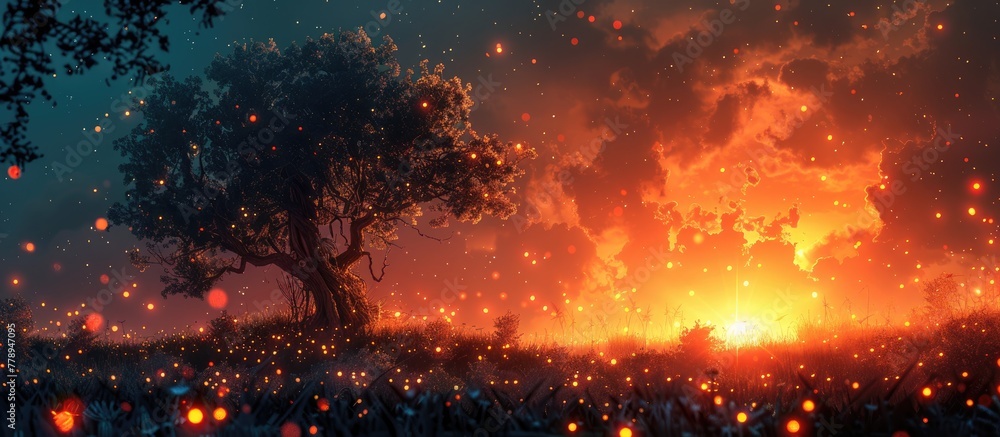 Fototapeta premium A tree stands alone in a field, silhouetted against a fiery backdrop. The atmosphere is filled with smoke, creating a dramatic and intense scene