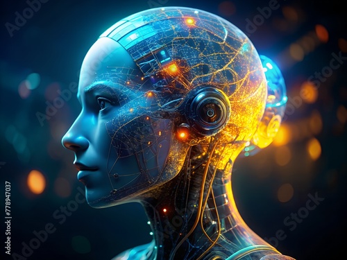 Humanoid Head with Neon Neural Network, Blue and Yellow Eyes Illuminate Tomorrow's Artificial Intelligence.
