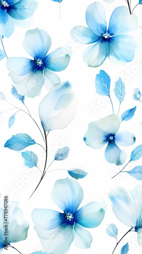 Sky Blue flower petals and leaves on white background seamless watercolor pattern spring floral backdrop 