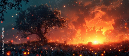 A tree stands alone in a field, silhouetted against a fiery backdrop. The atmosphere is filled with smoke, creating a dramatic and intense scene