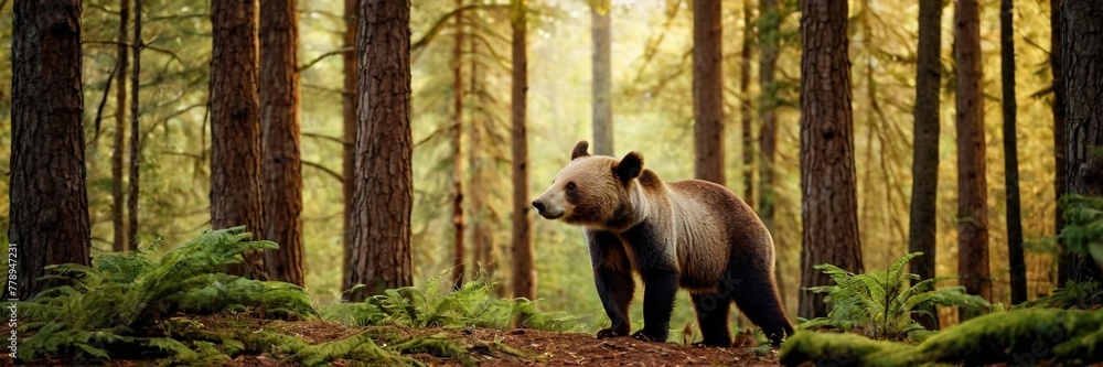 Brown bear in the woods, big wild animal in the lush green forest. walking and sitting in the jungle. made with generative AI technology. Brown bear in the woods, big wild animal in the lush green forest. walking and sitting in the jungle. made with generative AI technology.