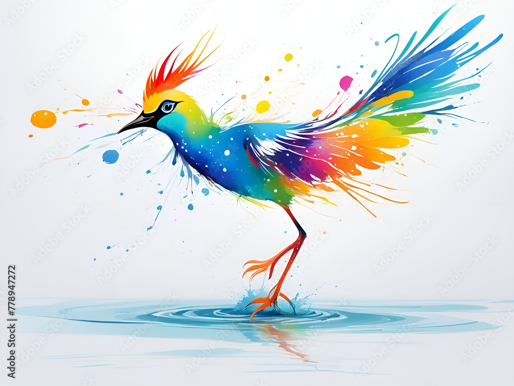 Obraz premium A bird composed of colored particles and lines, bird of paradise posing in various postures in colorful water, and an abstract painting composed of colored line backgrounds