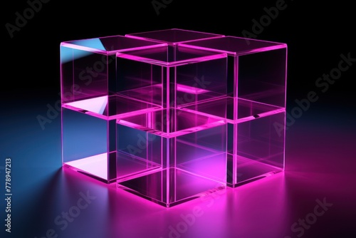 Magenta glass cube abstract 3d render, on black background with copy space minimalism design for text or photo backdrop