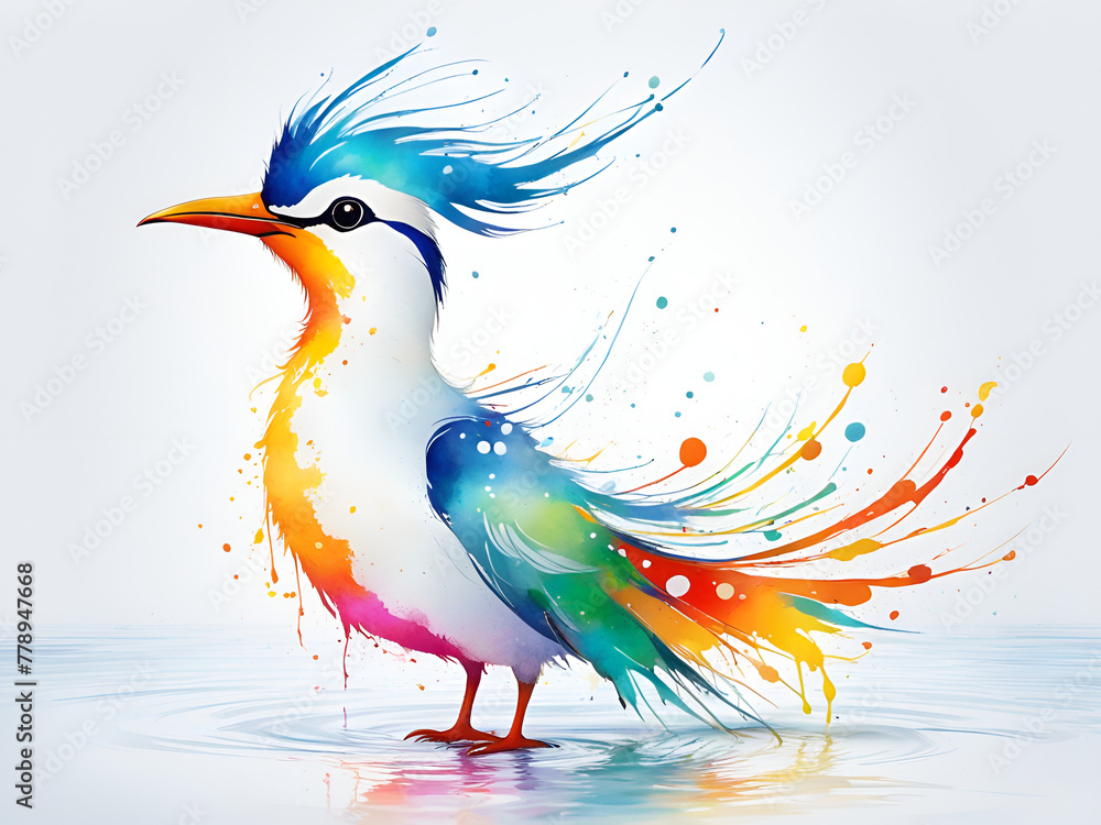 Obraz premium A bird composed of colored particles and lines, bird of paradise posing in various postures in colorful water, and an abstract painting composed of colored line backgrounds