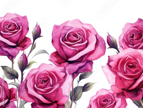 Magenta roses watercolor clipart on white background  defined edges floral flower pattern background with copy space for design text or photo backdrop minimalistic 