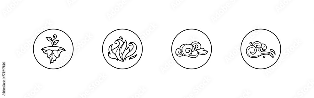 Elemental icons. Earth, fire, water, air elements. Linear style. Vector icons Elemental icons. Earth, fire, water, air elements. Linear style. Vector icons