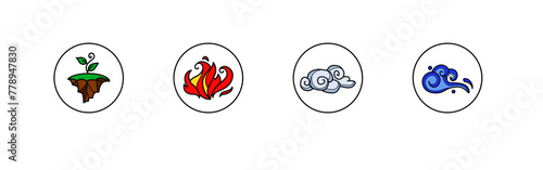 Elemental icons. Earth, fire, water, air elements. Flat style. Vector icons